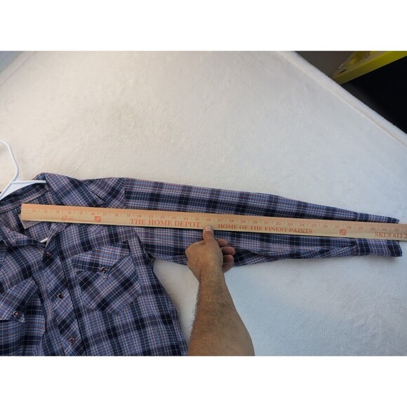 VTG H Bar C 14.5-33 Ranchwear Long Tail Pearl Snap Blue Plaid Shirt Western 70s - Picture 3 of 14
